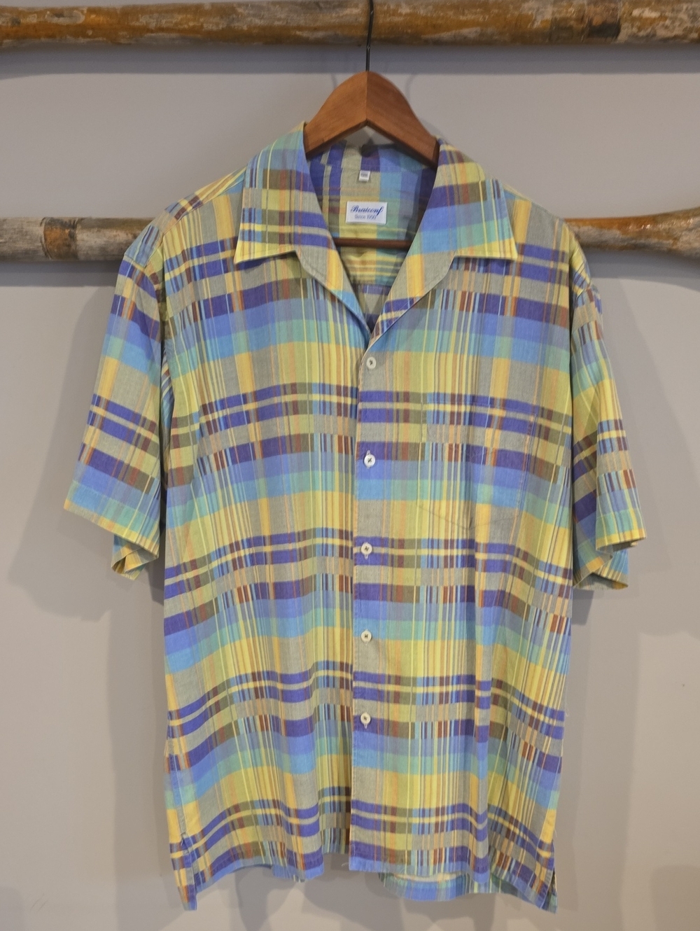 Men's Short-Sleeve Yellow Blue Plaid Camp Shirt